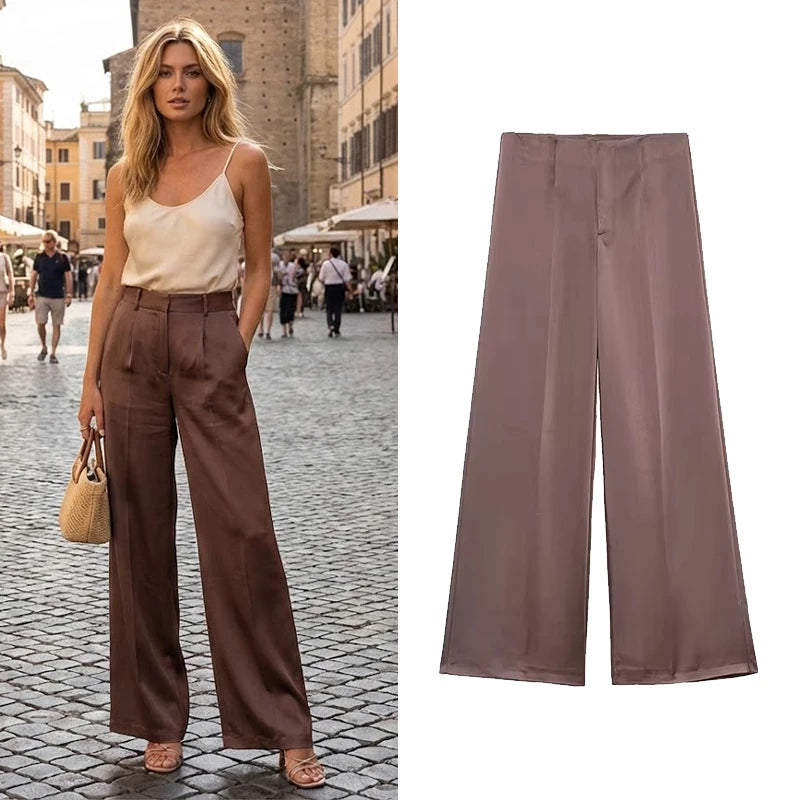 Willshela Women Fashion Satin Brown Front Zipper Wide Leg Pants Vintage High Waist Full Length Female Chic Lady Trousers