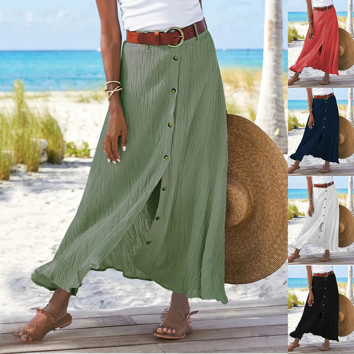 Summer Women's Skirt Cotton Linen Important Button Slit Flower Print Fashion Versatile Vacation Beach Midi Skirt