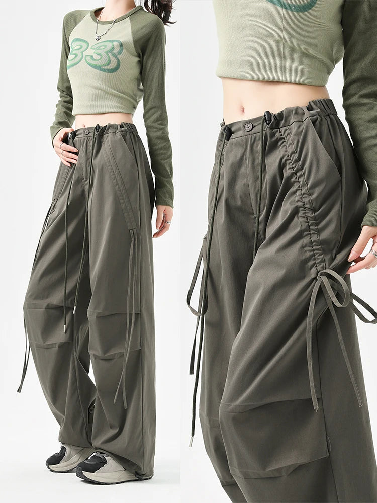 Women's Korean Style Cargo Pants 2025 Spring Autumn - High Waisted Quick Dry Wide Leg Pants with Bow Drawstring