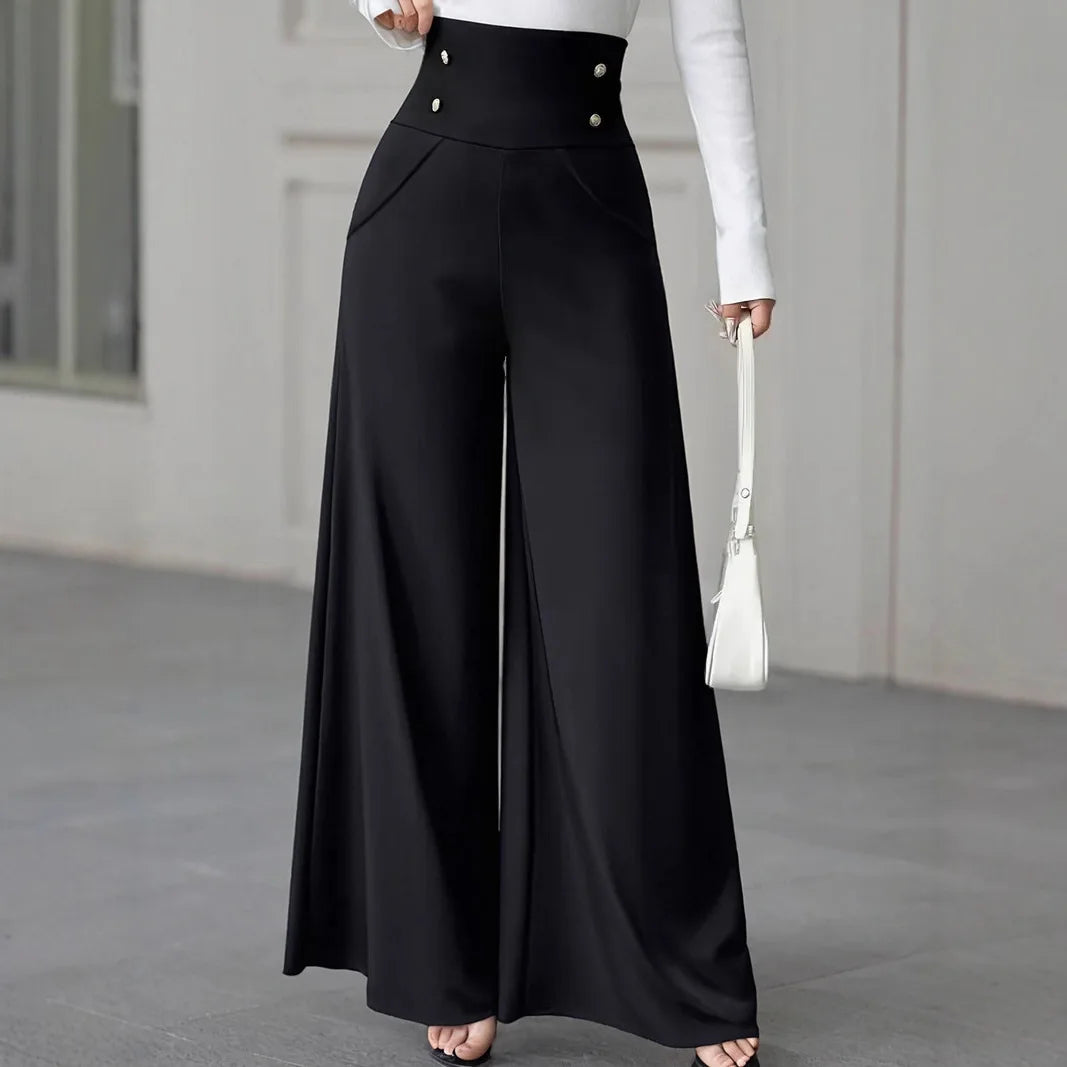 Spring Creative Double-Button High-Waist Slimming Fashion Versatile Women's Wrinkle-Resistant Straight-Leg Wide-Leg Pants