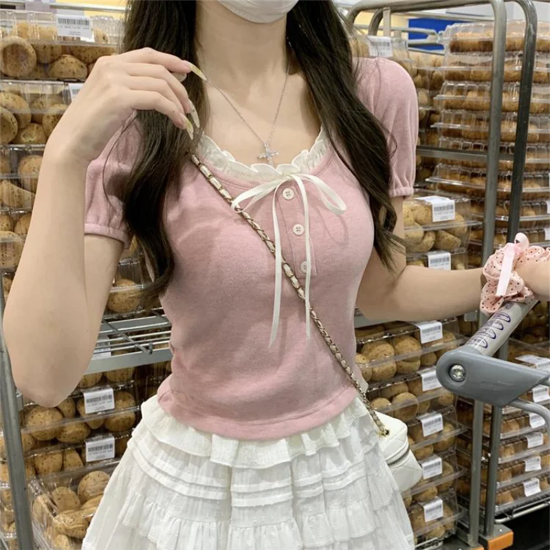 Pink Ruffle Edge Patchwork Short Sleeved T-shirt for Women Summer Cute Slim Two Pieces Girls Short Top Trendy