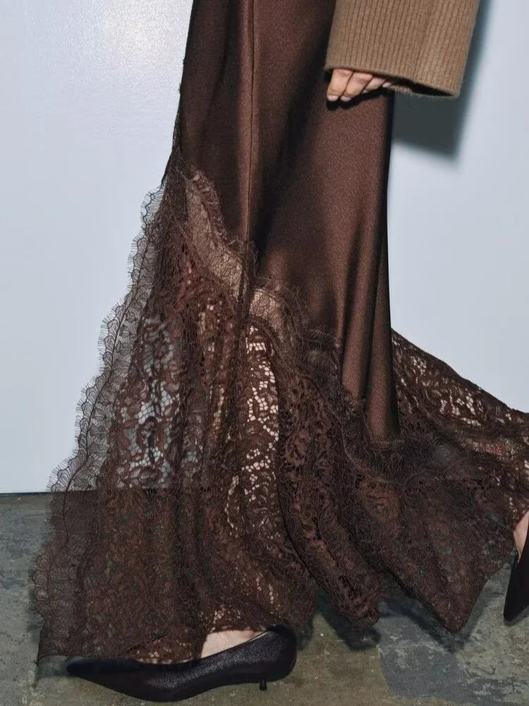 Sexy Lace Patchwork Long Skirt Women Elegant Fashion Solid Waist Cinched Mid-length Bottom Lady 2025 Party Daily Street Skirts